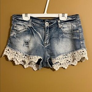 Distressed Blue Jean Shorts with Lace Trim